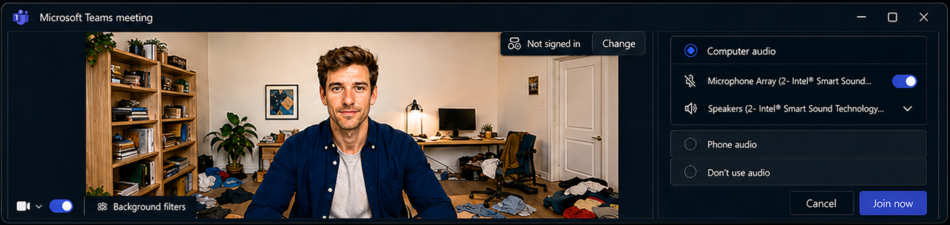 Before: wide-angle webcam showing cluttered background